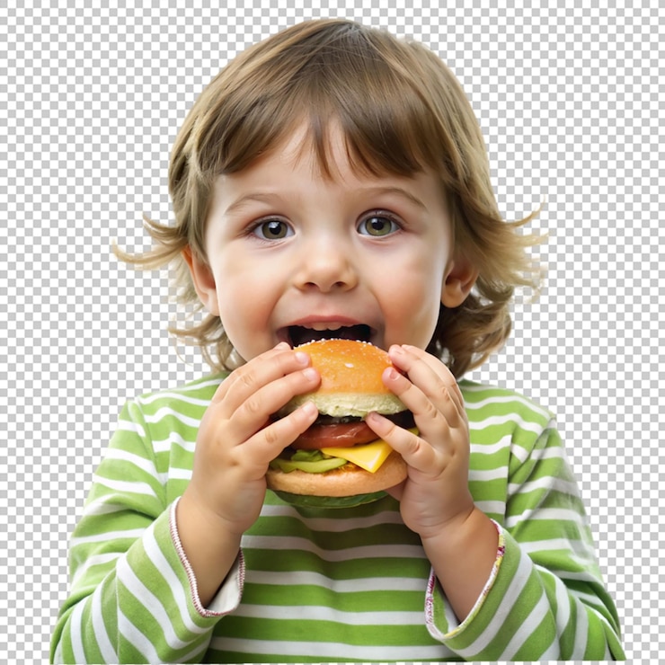 PSD um pequeno comendo um hambúrguer isolado em fundo transparente