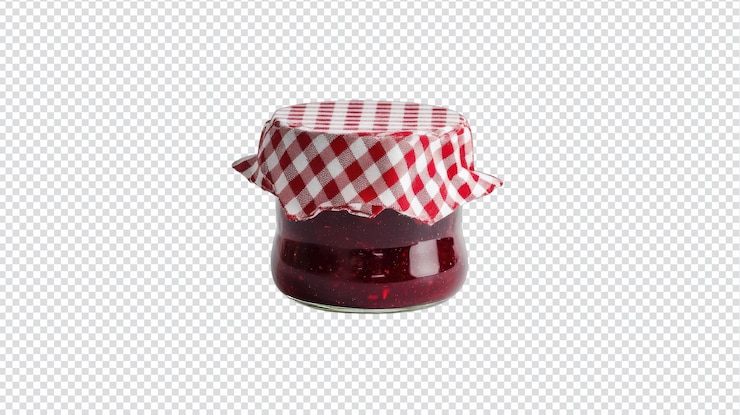 PSD um pequeno frasco de geleia de morango capturado com um pano a quadros perfeito para blogs de comida e sites de receitas