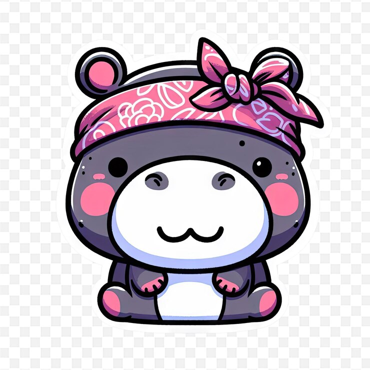 PSD um pequeno hipopótamo bonito com um laço rosa na cabeça
