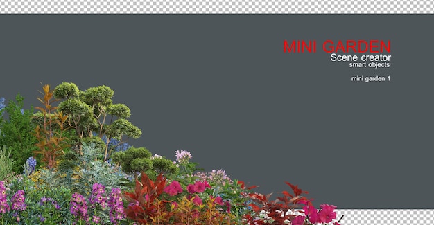 Um pequeno jardim com muitos tipos de árvores e flores