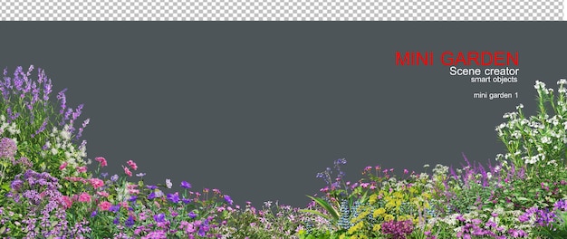Um pequeno jardim com muitos tipos de árvores e flores