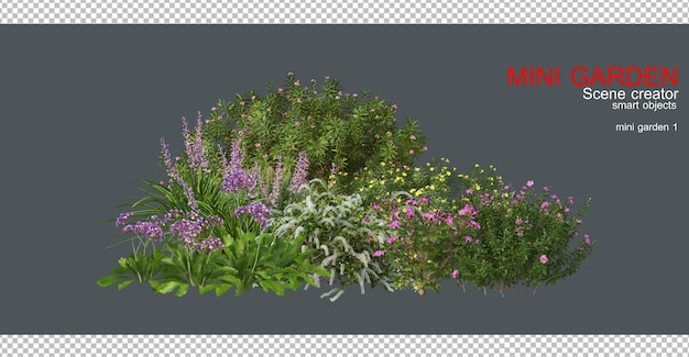 Um pequeno jardim com muitos tipos de árvores e flores