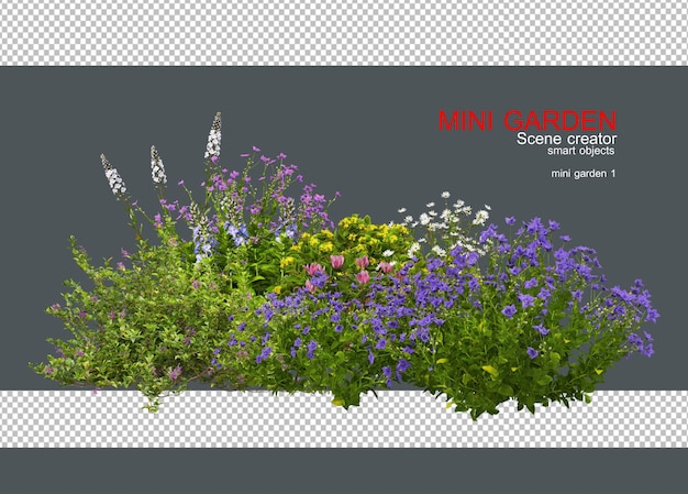 Um pequeno jardim com muitos tipos de árvores e flores