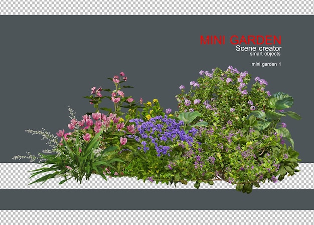 Um pequeno jardim com muitos tipos de árvores e flores