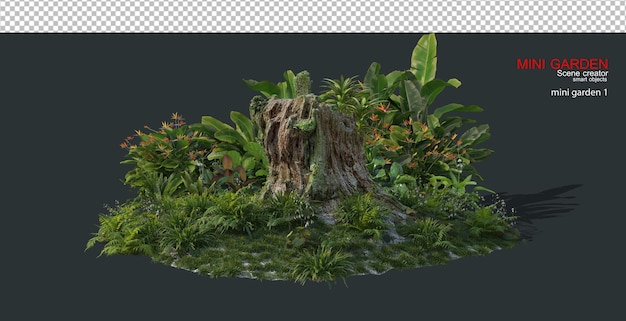 Um pequeno jardim com troncos decorativos