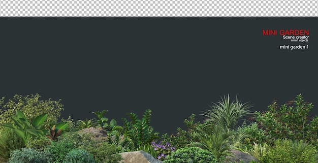 Um pequeno jardim com várias plantas e pedras