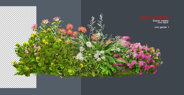 Um pequeno jardim decorado com flores e muitas plantas