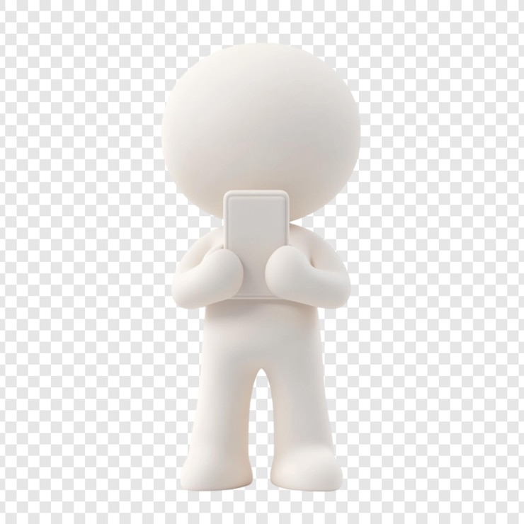 PSD um personagem branco 3d segura uma tela de smartphone em branco tecnologia aplicativo de telefone móvel dispositivo digital internet conexão de comunicação on-line