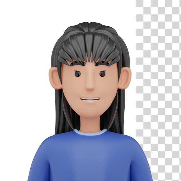 PSD um personagem de desenho animado com longos cabelos negros e uma camisa azul.
