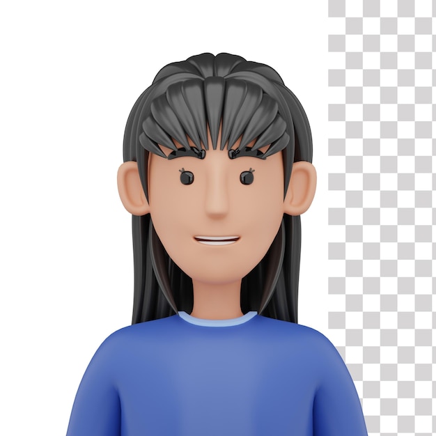 Um personagem de desenho animado com longos cabelos negros e uma camisa azul.
