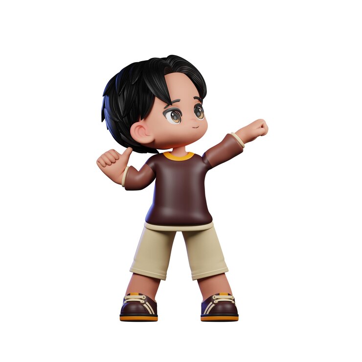PSD um personagem de desenho animado com uma camisa castanha e calções castanhos em pose vitoriosa