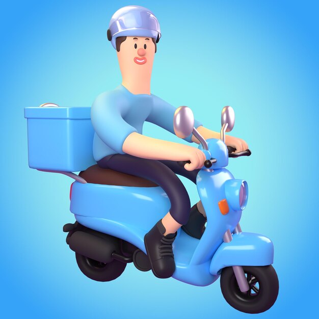 PSD um personagem de desenho animado está montando uma scooter com uma caixa.