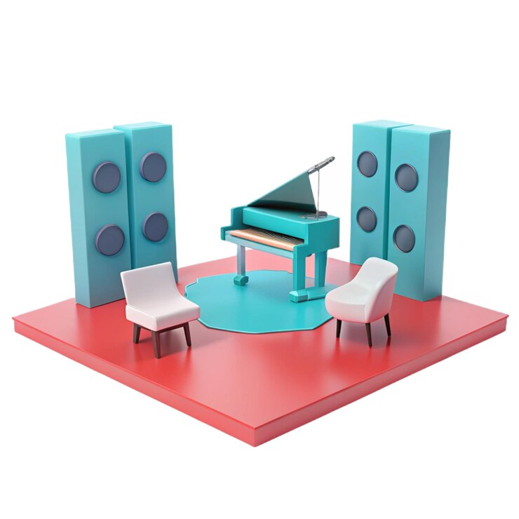 PSD um piano com um piano na parte superior e duas cadeiras à direita