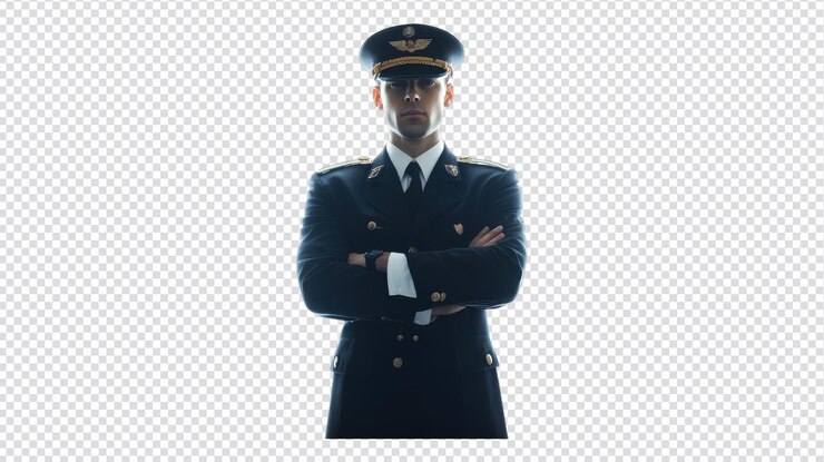 PSD um piloto confiante está de pé com os braços cruzados mostrando profissionalismo e orgulho na aviação em um aeroporto