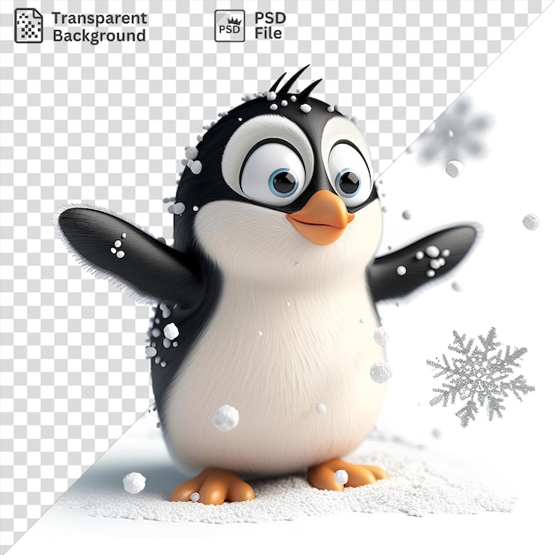 PSD um pinguim animado em 3d a deslizar com um floco de neve.