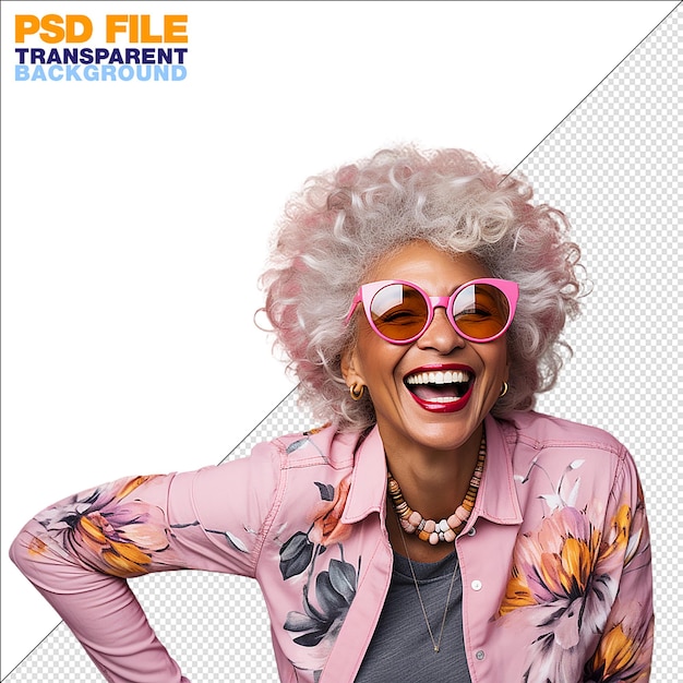 PSD um pinky engraçado preto avó cabelo cinzento isolado em fundo transparente