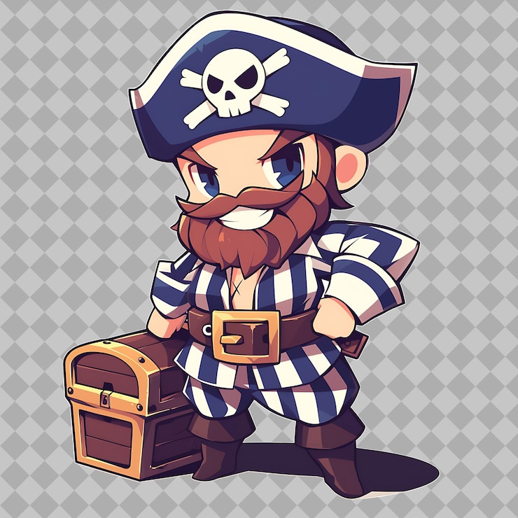 PSD um pirata com um chapéu de pirata e um baú de madeira