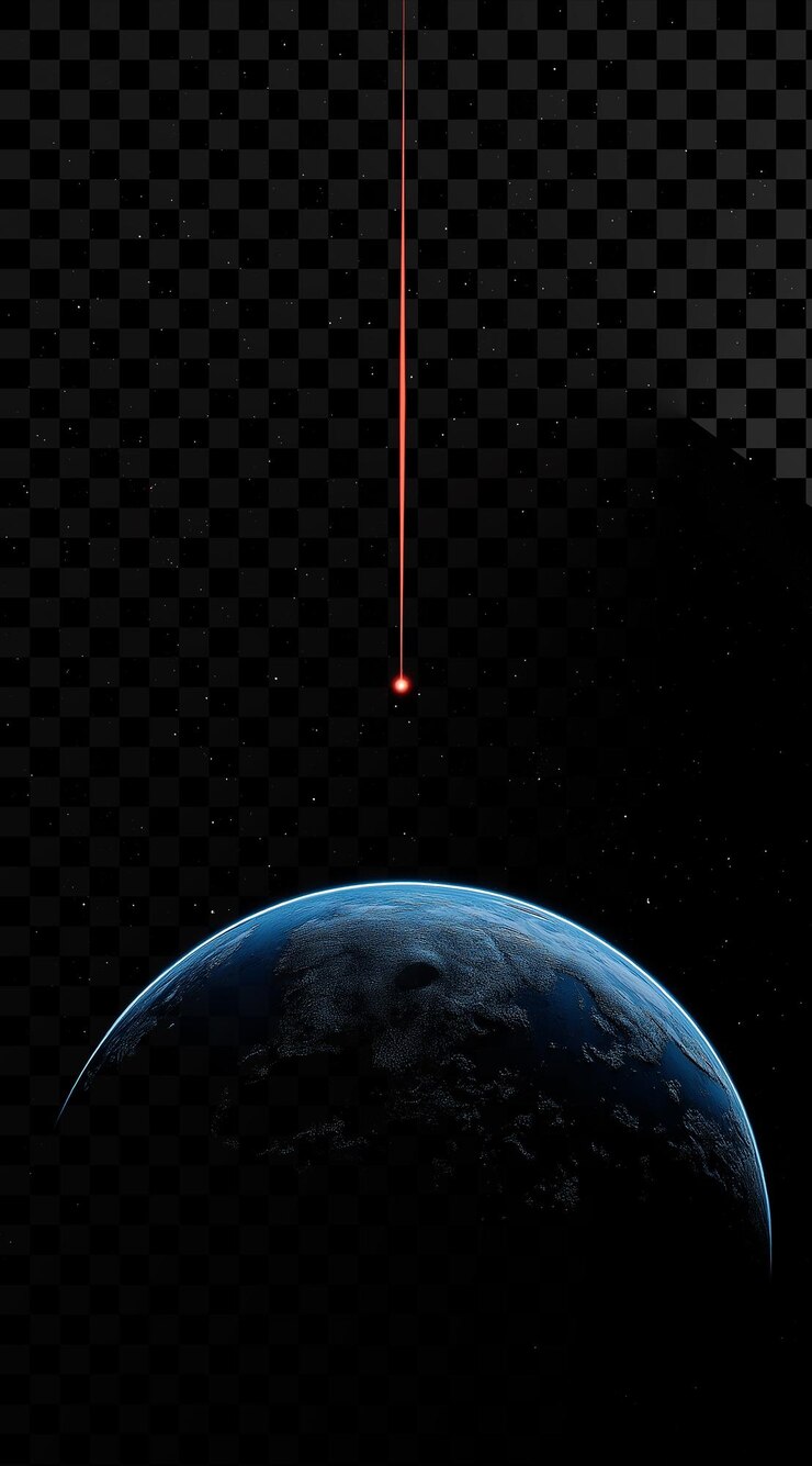 PSD um planeta distante com a terra e um raio laser vermelho em fundo transparente