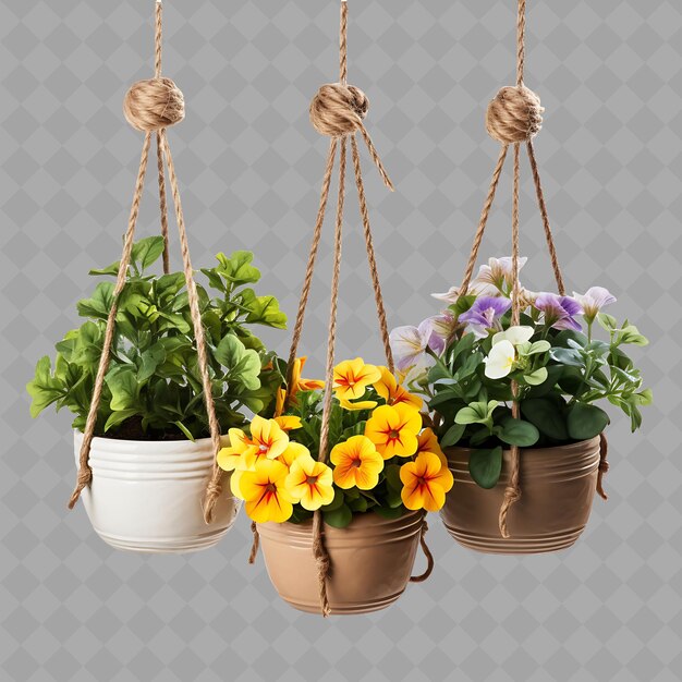 Um plantiar pendurado com flores penduradas de uma corda com um bando de flores pendurado dela