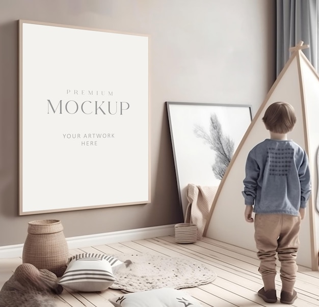 Um porta-retrato simulado em um quarto de criança de estilo escandinavo