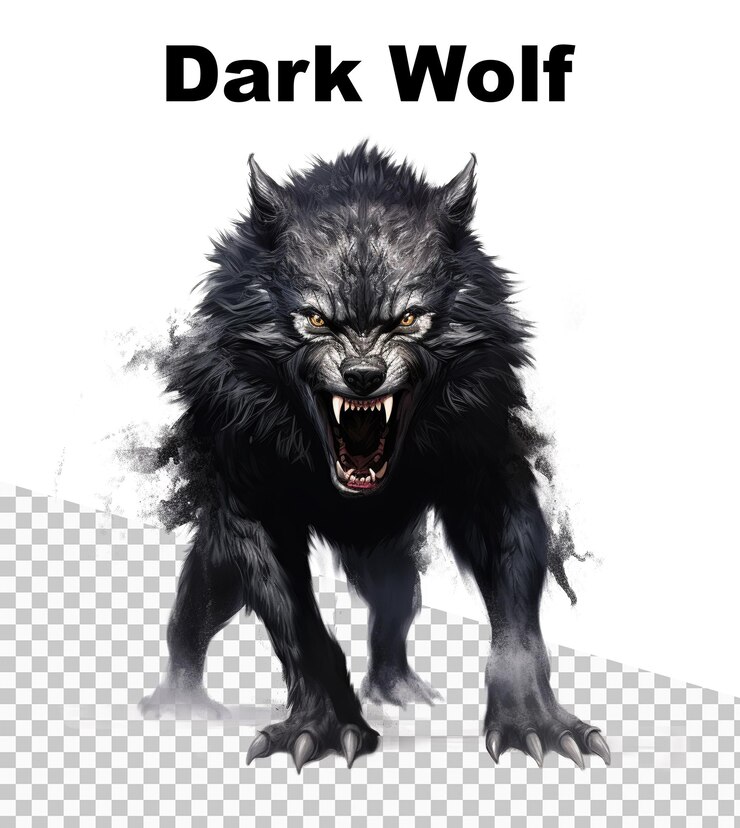 PSD um pôster com um lobo escuro agressivo e as palavras lobo escuro no topo