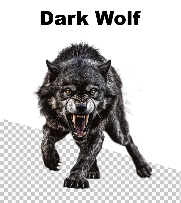 PSD um pôster com um lobo escuro agressivo e as palavras lobo escuro no topo