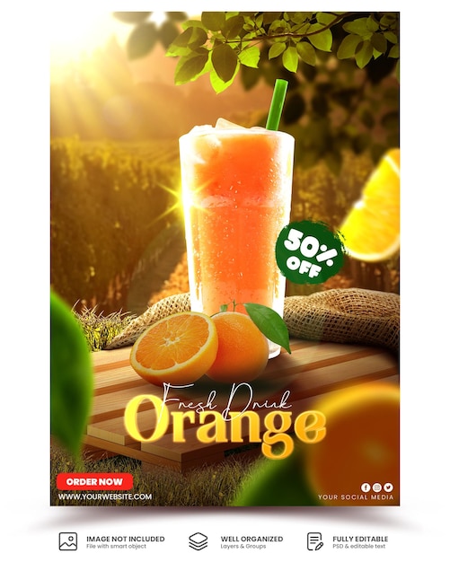 PSD um pôster promovendo suco de laranja fresco é exibido no modelo de menu de bebidas