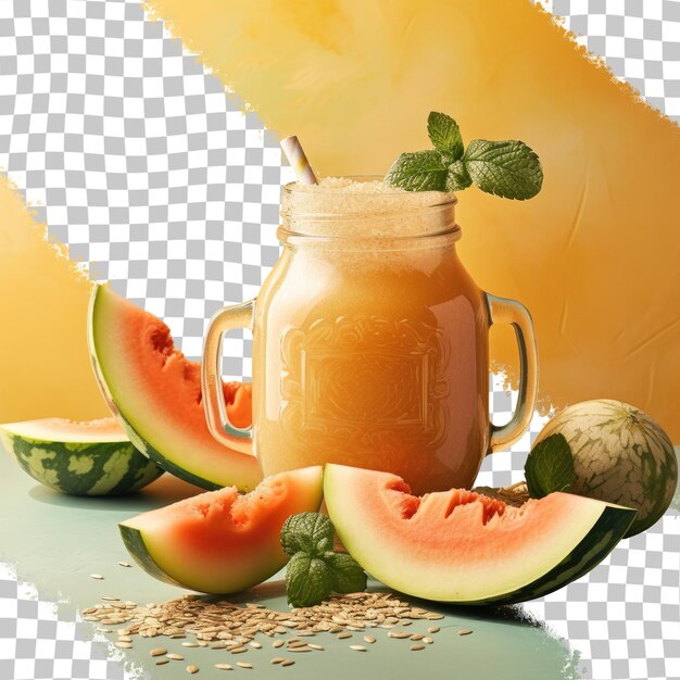 PSD um pote de suco de melão com uma garrafa de suco e uma garrafa de suco.