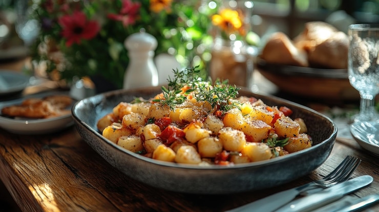 PSD um prato de batatas assadas com tomates e ervas fica em uma mesa de madeira rústica cercada por outros pratos e um vaso de flores