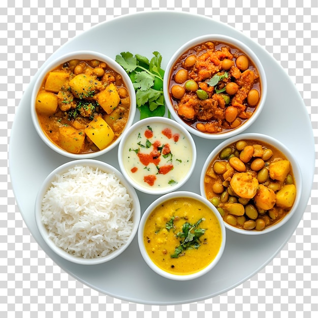 um prato de comida com diferentes pratos, incluindo arroz e legumes