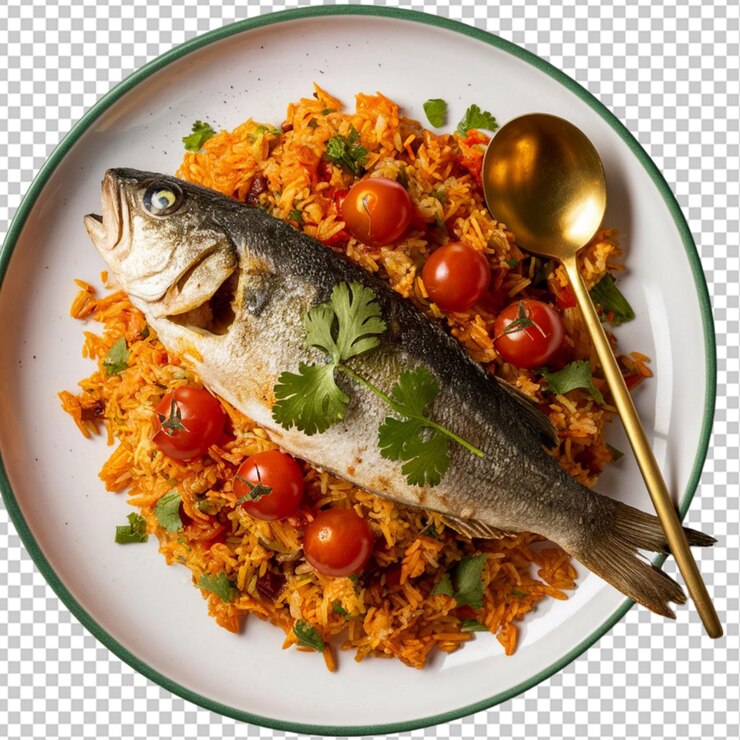 PSD um prato de comida com um peixe e arroz e uma colher