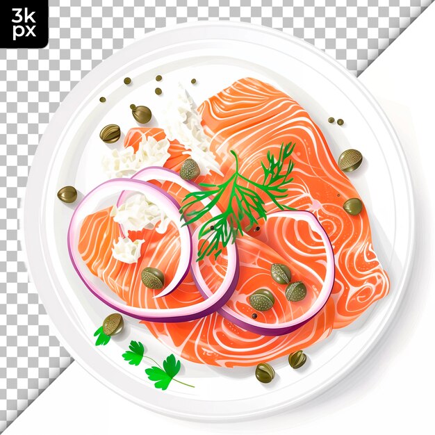 Um prato de comida com uma imagem de um peixe e legumes nele