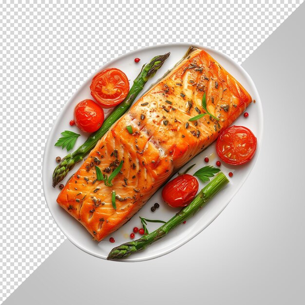 PSD um prato de comida com uma imagem de um peixe e legumes