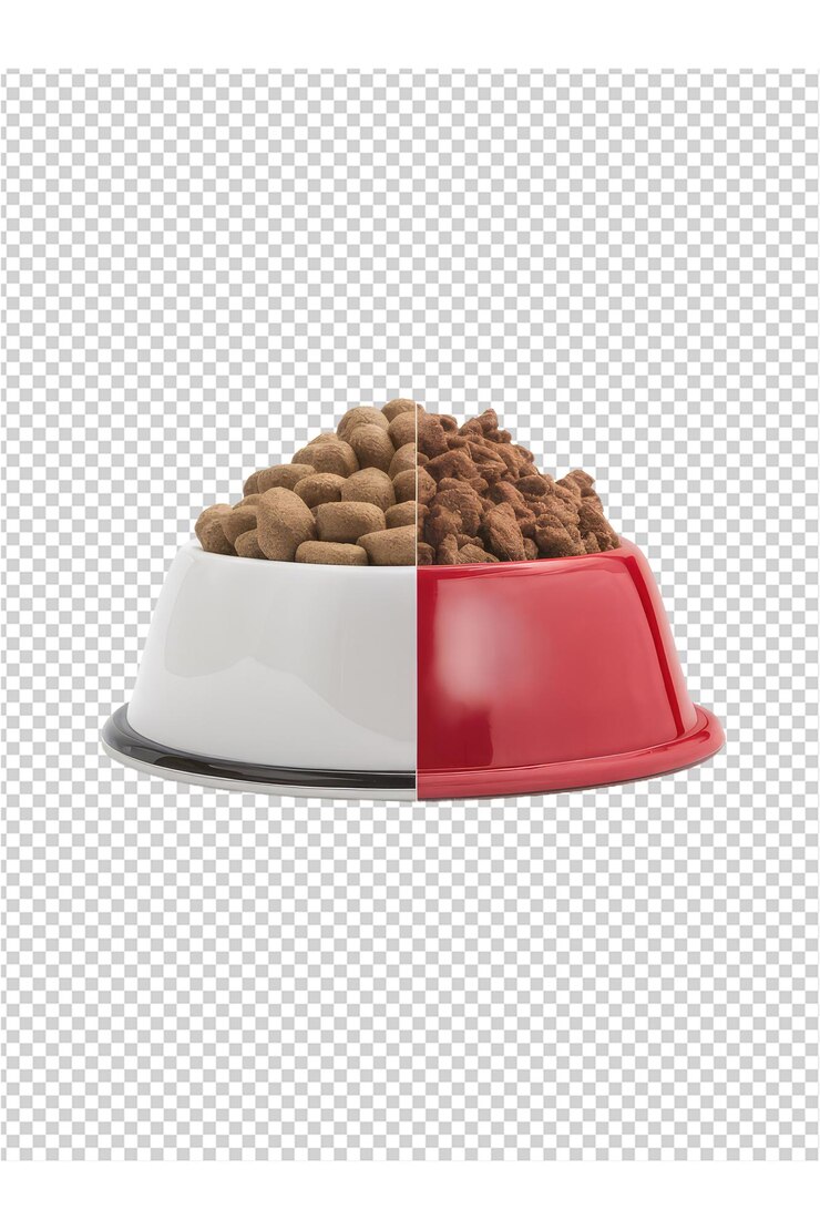 PSD um prato de comida para animais de estimação com um rótulo vermelho, branco e azul