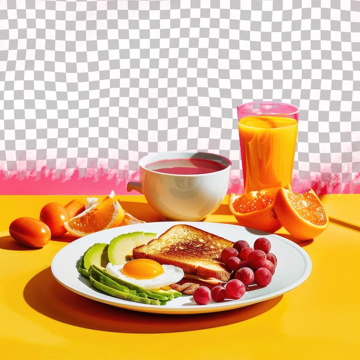 PSD um prato de comida para o pequeno-almoço com uma placa de panquecas, frutas e um copo de suco