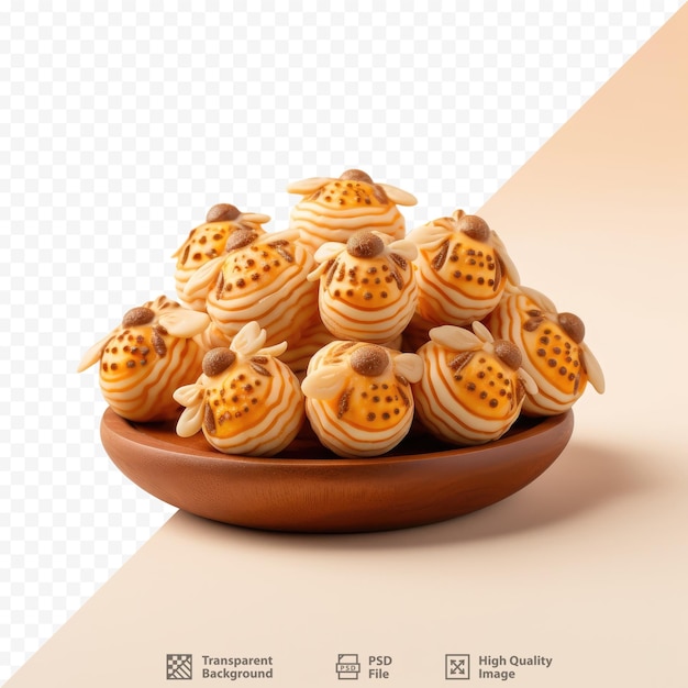 PSD um prato de cupcakes com fundo marrom e fundo marrom com a imagem de um pássaro no topo.