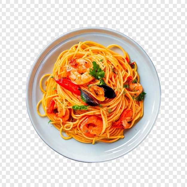 um prato de espaguete com camarão e legumes em pasta com molho de tomate
