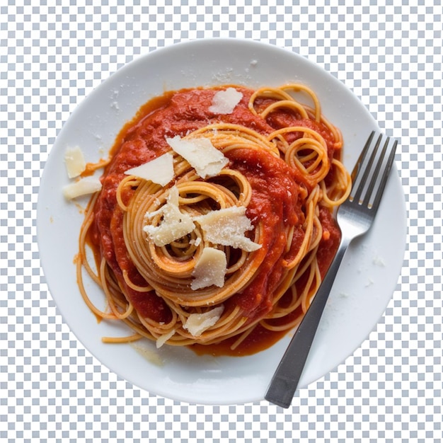 um prato de espaguete com molho de tomate e um garfo