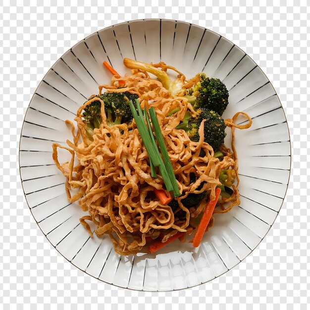 um prato de macarrão com um caule verde