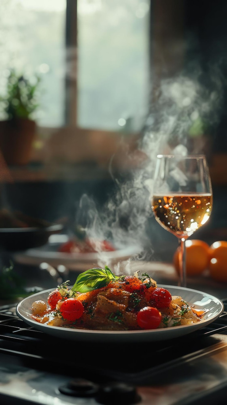 PSD um prato de massa com tomates cereja e um copo de vinho branco no balcão da cozinha