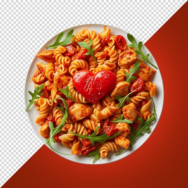 Um prato de pasta com um tomate vermelho