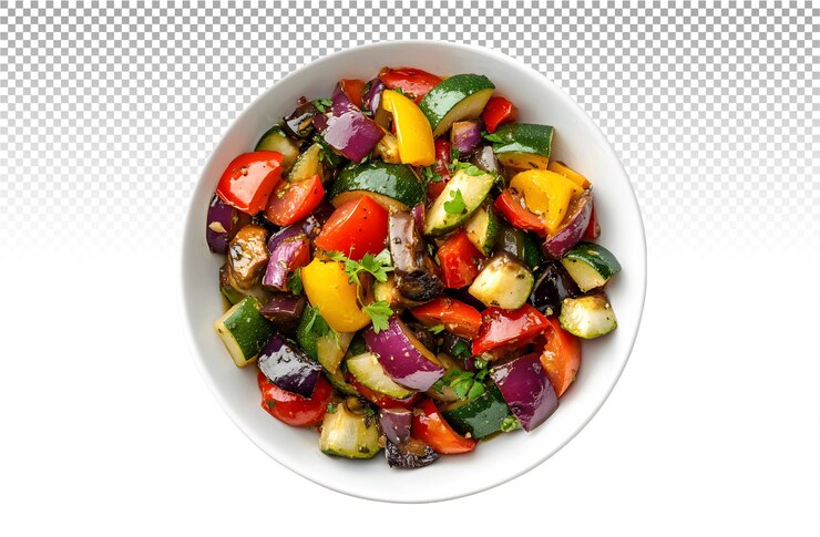 PSD um prato de ratatouille colorido com legumes cortados em fatias
