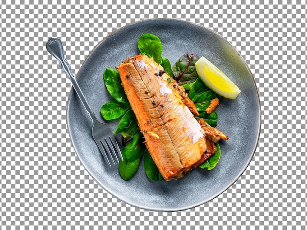 Um prato de salmão vermelho assado com espinafre em fundo transparente