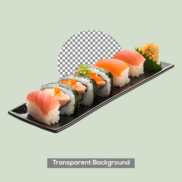 Um prato de sushi com a imagem de um texto verde e branco que diz fundo transparente.