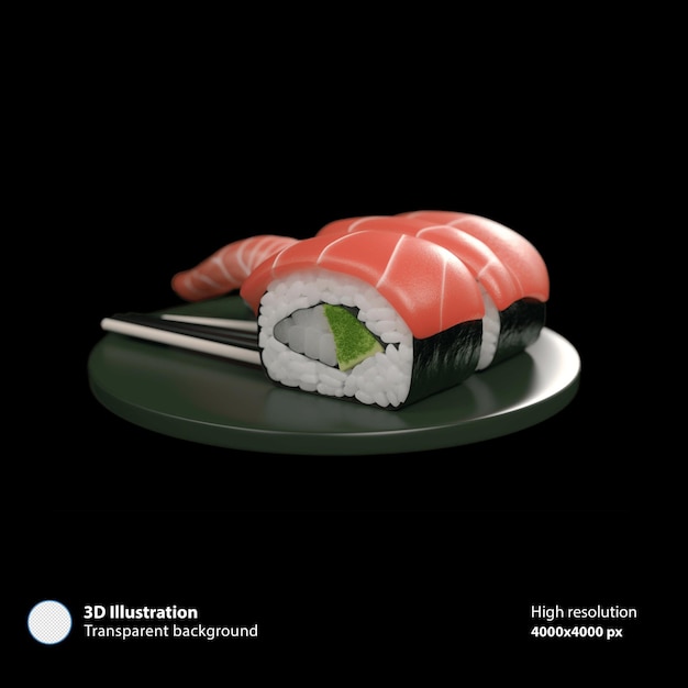 Um prato de sushi com um sushi que diz ilustração 3D.