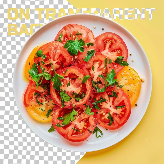 PSD um prato de tomates com um prato branco de tomates fatiados