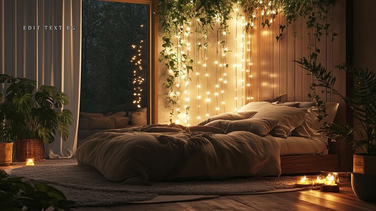 PSD um quarto aconchegante com luzes de fada, plantas e velas.