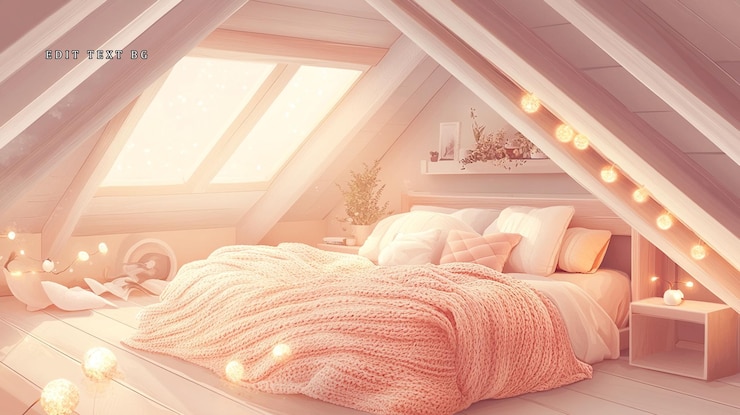 PSD um quarto aconchegante no sótão com luzes de luz solar e um cobertor de tricô na cama.