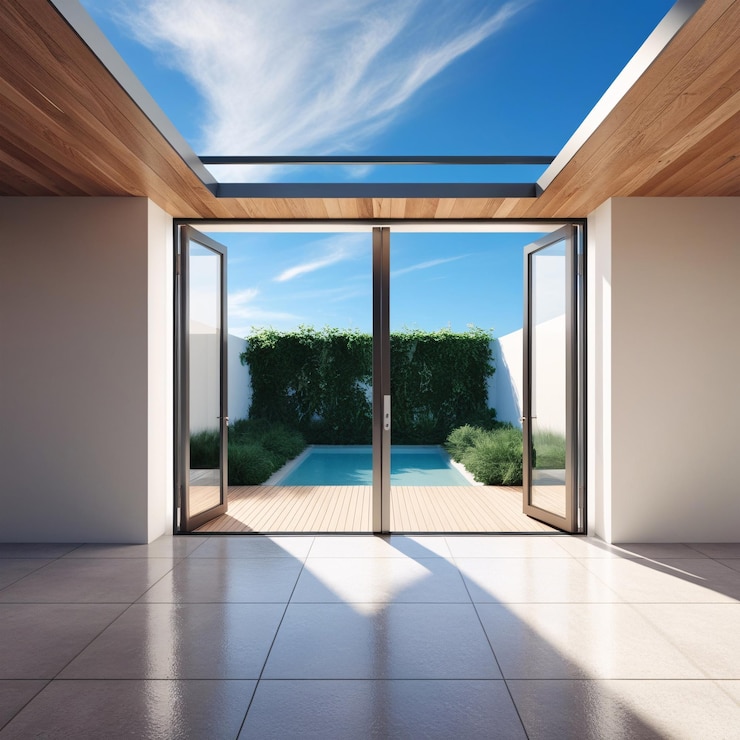 PSD um quarto de reposição moderno em sótão com uma porta que se abre para o jardim em 3d. o quarto tem um chão de pedra.