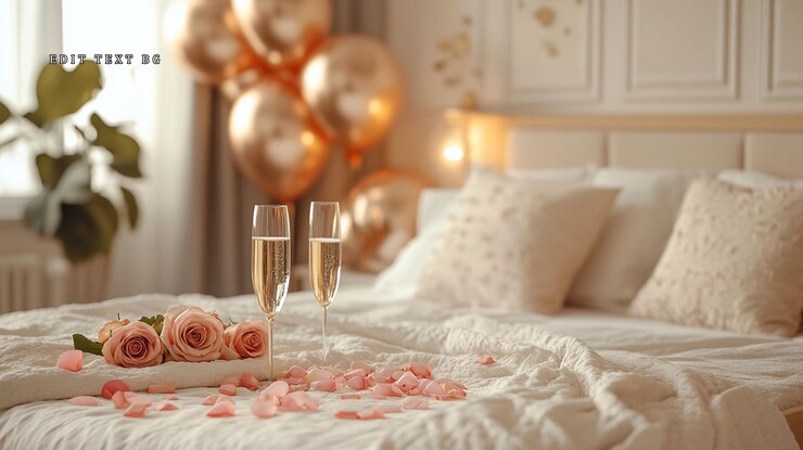 PSD um quarto romântico com flautas de champanhe e rosas na cama.